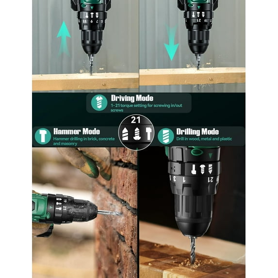 KIMO 20V Cordless Hammer Drill with 2 Batteries