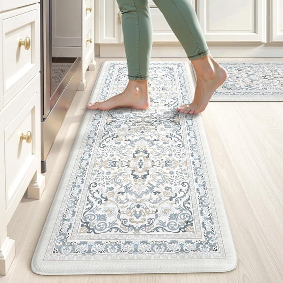 KIMODE Anti Fatigue Mats for Kitchen Floor,Boho Vintage Floral Rugs Sets of 2,Cushioned Carpet Non Slip for Laundry,Wide Memory Foam Runner for Sink Office,Light Blue 20"x47"+20"x32"