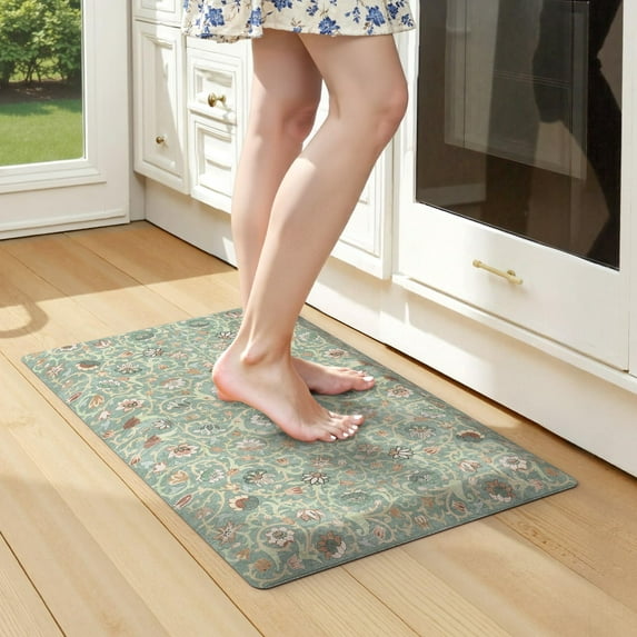 KIMODE Comfort Kitchen Mats for Floor Cushioned Anti Fatigue,Farmhouse Floral Spring Sink Rug Non Slip for Laundry,Memory Foam Padded Standing Desk Carpet for Office,Green 17.3"x32" C101