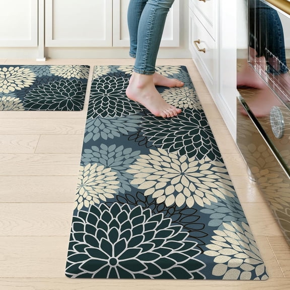 KIMODE Kitchen Mats for Floor Cushioned Anti Fatigue,Boho Floral Rugs Sets of 2 Non Slip,Ergonomic Padded Memory Foam Mat Laundry Sink Office Home,Multi Blue