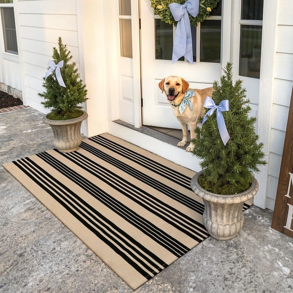 KIMODE Striped Outdoor Rug 3'x 5',Washable Reversible Striped Outdoor Patio Rugs,Cotton Hand Woven Farmhouse Welcome Layered Door Mats for Front Door Entryway Porch Spring Decor Black and Khaki