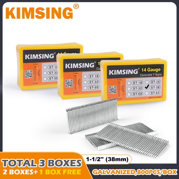 KIMSING 14 Gauge 1-1/2'' Length Concrete Nails 800 PCS/BOXS, Buy 2 Boxes Get 1 Free, ST38 Concrete T-Nails for Concrete Nailers Smooth Shank