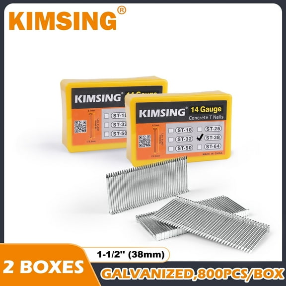 KIMSING 14 Gauge 1-1/2'' Length Concrete Nails Concrete T-Nails 800 PCS/BOX for Concrete Nailers Smooth Shank(2 Boxes)