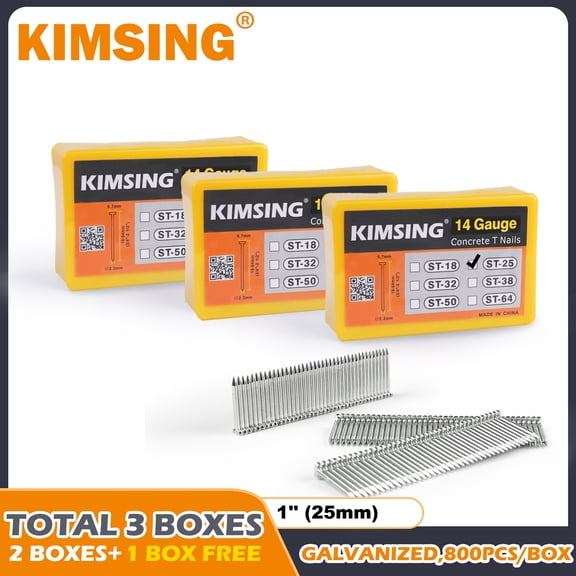 KIMSING 14 Gauge 1'' Length Concrete Nails 800 PCS/BOXS, Buy 2 Boxes Get 1 Free, ST25 Concrete T-Nails for Concrete Nailers Smooth Shank