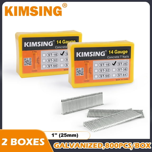 KIMSING ST25 14 Gauge 1'' Length Concrete Nails Concrete T-Nails for Concrete Nailers Smooth Shank 800 PCS/BOX(2 boxes)
