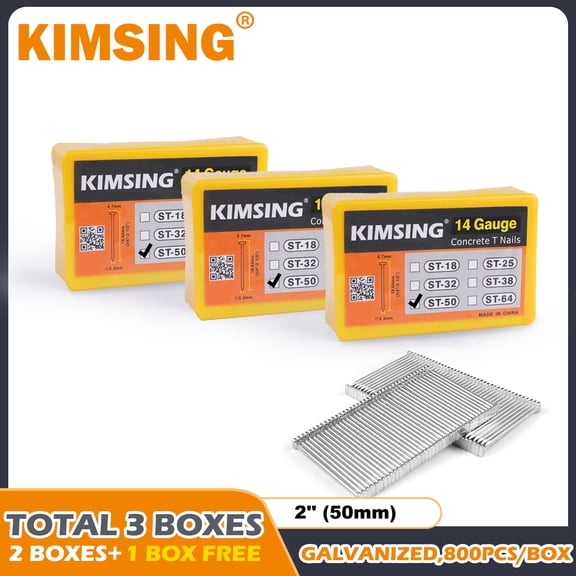 KIMSING 14 Gauge 2'' Length Concrete Nails 800 PCS/BOXS, Buy 2 Boxes Get 1 Free, ST50 Concrete T-Nails for Concrete Nailers Smooth Shank