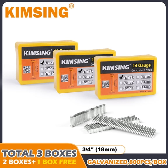 KIMSING 14 Gauge 1-1/4'' Length Concrete Nails 800 PCS/BOXS, Buy 2 Boxes Get 1 Free, ST32 Concrete T-Nails for Concrete Nailers Smooth Shank