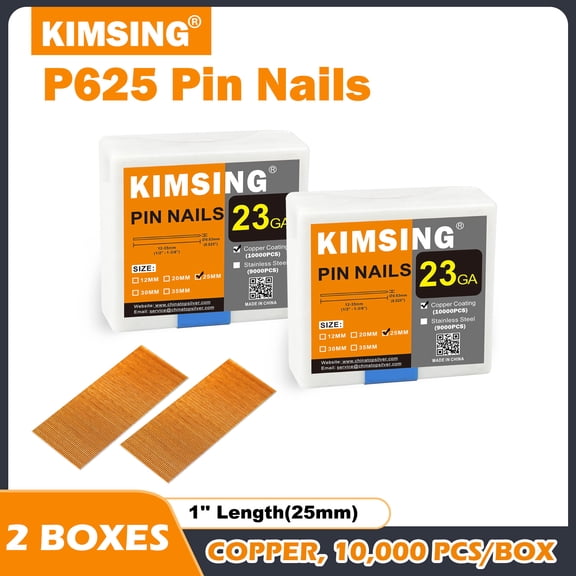 KIMSING Headless Micro Pin Nails P625 25mm, 10000pcs/box(2 boxes)