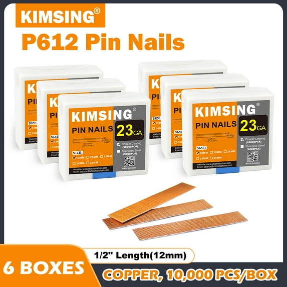 KIMSING P612 23 Gauge Pin Nails, 12mm Length, 10000pcs/Box with 6 Boxes