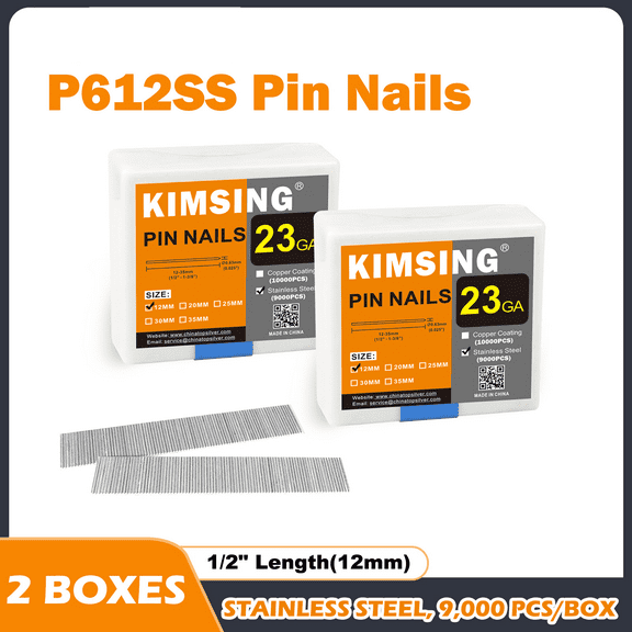 KIMSING P612SS 23 Gauge Pin Nails, Stainless Steel Micro Pin Nails 2 Boxes 9,000 PCS per Box