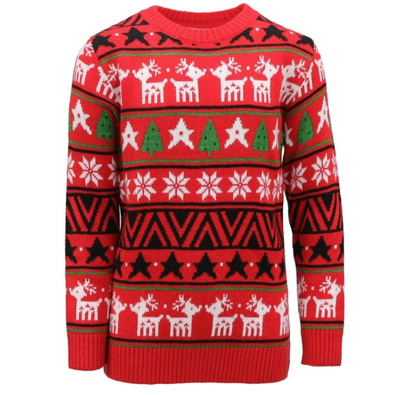 KIMU Boys' 2-18 Long Sleeve Knit Pullover Christmas Sweater Crewneck Holiday Sweater Shirt (Fairisle Print Red)