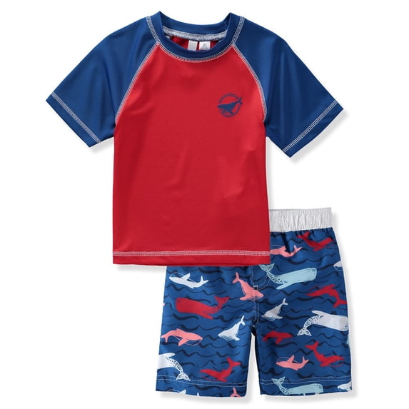 KIMU Surf Boys' Rash Guard Set - 2 Piece UPF 50+ Short Sleeve Swim Shirt and Swim Trunks (12 Months-12)
