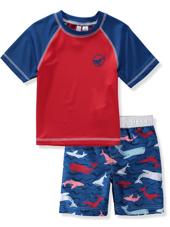 Boys' Rash Guard Set - 2 Piece UPF 50+ Short Sleeve Swim Shirt and Swim Trunks (12 Months-12)