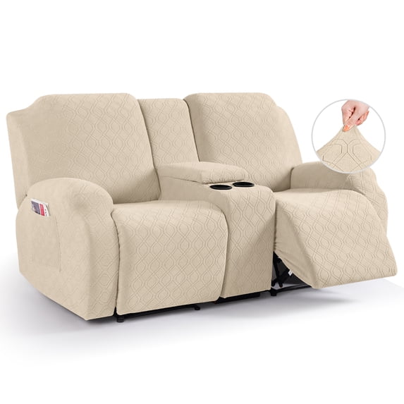 KINCAM Loveseat Recliner Cover with Middle Console, 4-Pieces Stretch Reclining Sofa Slipcover Daily Furniture Protection, Light Beige