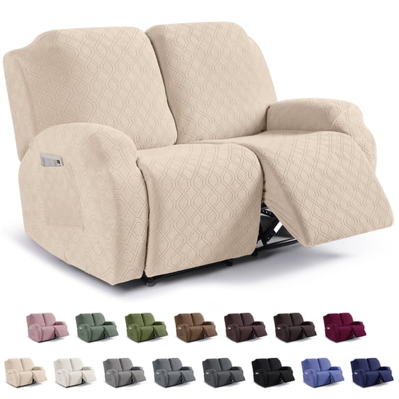 KINCAM Loveseat Recliner Cover 2-Pieces,Stretch Reclining Couch Cover with Pockets Daily Furniture Protection,Light Beige