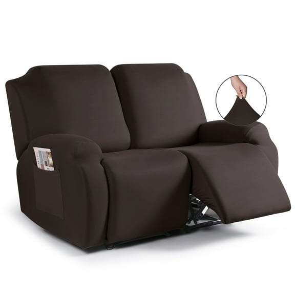 KINCAM Recliner Lovesaet Slipcovers with Pockets, Stretch Reclining Sofa Cover for 2-Seater Furniture Protector, Coffee