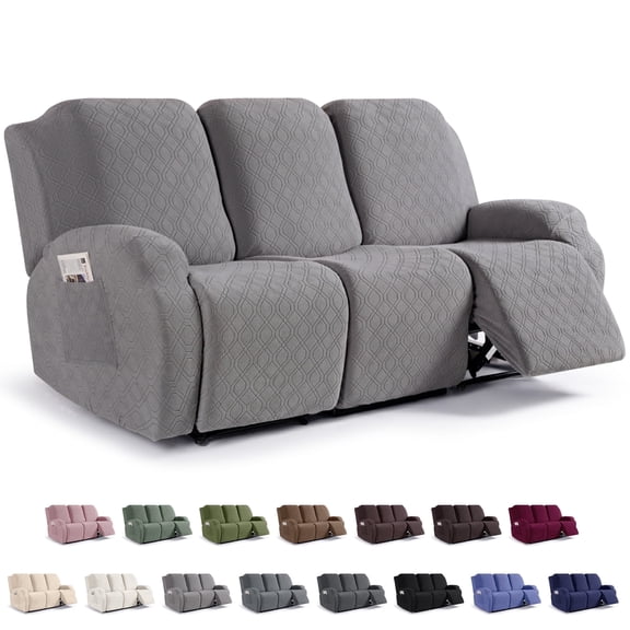 KINCAM 3 Seater Recliner Cover, 3-Piece Stretch Reclining Slipcover with Pockets for Daily Furniture Protection,Light Gray