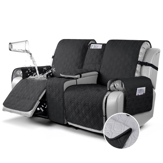 KINCAM Waterproof Loveseat Recliner Cover with Console, 3-Piece Non-Slip Washable Furniture Protector for Split Sofa, Black