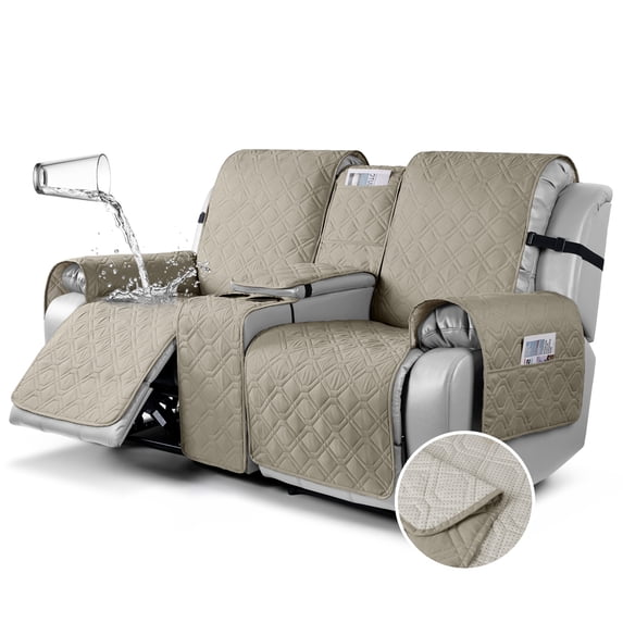 KINCAM Waterproof Loveseat Recliner Cover with Console, 3-Piece Non-Slip Washable Furniture Protector for Split Sofa, Khaki