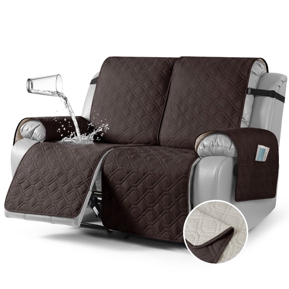 KINCAM Waterproof Recliner Sofa Cover for 2 Seater , Non-Slip Washable Furniture Protector with Storage Pocket, Chocolate