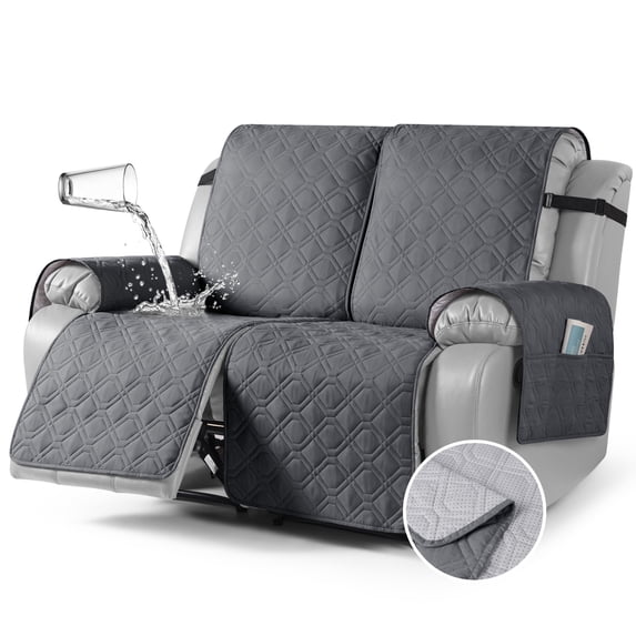 KINCAM Waterproof Recliner Sofa Cover for 2 Seater , Non-Slip Washable Furniture Protector with Storage Pocket, Drak Gray