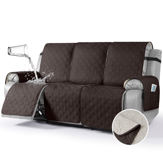 KINCAM Waterproof Recliner Sofa Cover for 3 Seater , Non-Slip Washable Furniture Protector with Side Storage Pocket, Chocolate