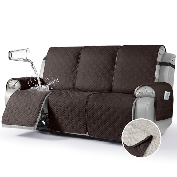 KINCAM Waterproof Recliner Sofa Cover for 3 Seater , Non-Slip Washable Furniture Protector with Side Storage Pocket, Chocolate