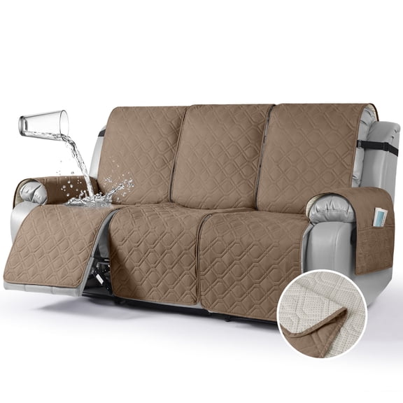 KINCAM Waterproof Recliner Sofa Cover for 3 Seater , Non-Slip Washable Furniture Protector with Side Storage Pocket, Light Brown