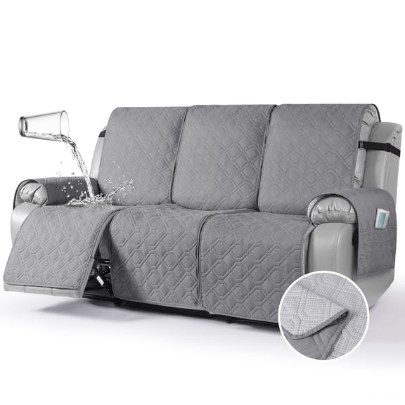 KINCAM Waterproof Recliner Sofa Cover for 3 Seater , Non-Slip Washable Furniture Protector with Side Storage Pocket, Light Gray