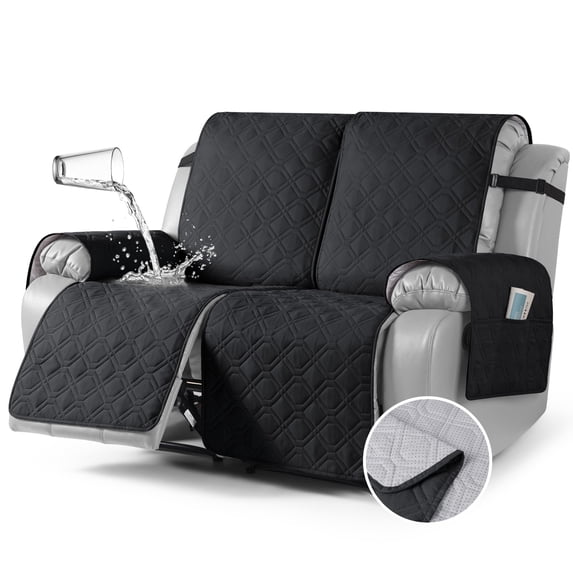 KINCAM Waterproof Recliner Sofa Cover for 2 Seater , Non-Slip Washable Furniture Protector with Storage Pocket, Black