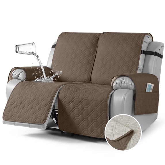KINCAM Waterproof Recliner Sofa Cover for 2 Seater , Non-Slip Washable Furniture Protector with Storage Pocket, Brown