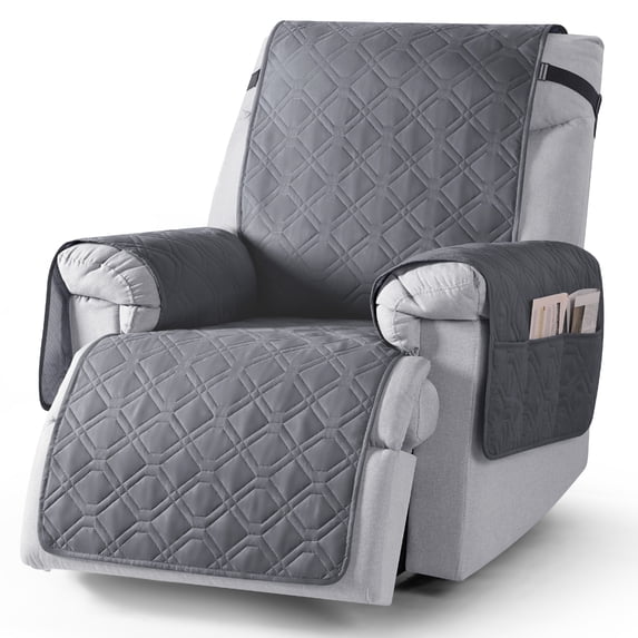 KINCAM Waterproof Recliner Chair Covers, Non-Slip Recliner Protector with Side Storage Pocket Washable Furniture Cover, Dark Gray 30"
