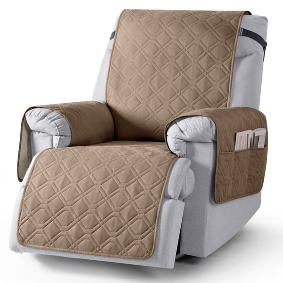 KINCAM Waterproof Recliner Chair Covers, Non-Slip Recliner Protector with Side Storage Pocket Washable Furniture Cover, Light Brown 23.6"