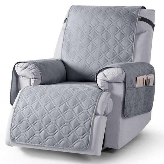 KINCAM Waterproof Recliner Chair Covers, Non-Slip Recliner Protector with Side Storage Pocket Washable Furniture Cover, Light Gray 23.6"