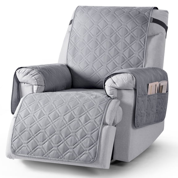 KINCAM Waterproof Recliner Chair Covers, Non-Slip Recliner Protector with Side Storage Pocket Washable Furniture Cover, Light Gray 23.6"