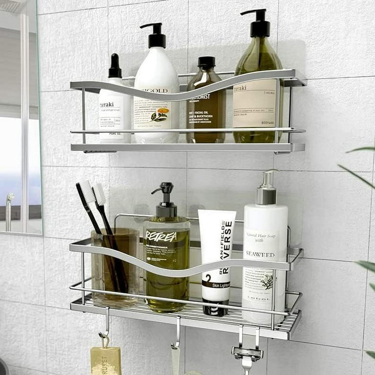 Bathroom Corner Shelves with Hooks, Wall Mounted Shower Caddy