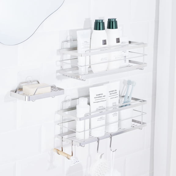 KINCMAX Shower Caddy and Soap Holder, Rustproof SUS304 Stainless Steel, Adhesive Wall Mount Double Baskets 2-pack with Hooks (Matte Black)