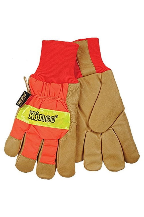 1938KW-S Men's High Visibility Lined Pigskin Safety Cuff Gloves, Heat Keep Thermal Lining, Knit Wrist, Small, Orange