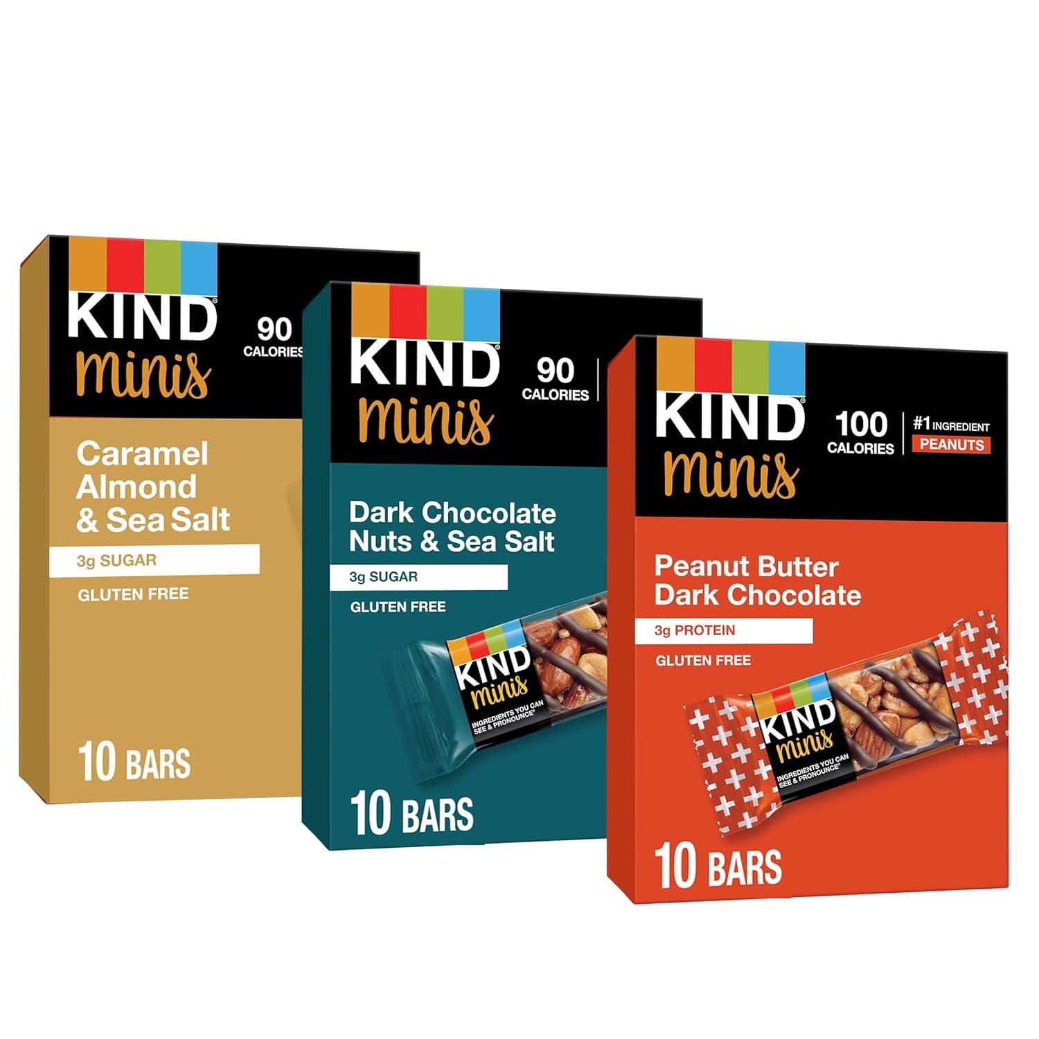 Walmart discounts of KIND Bar Minis, Variety Pack, Dark Chocolate Nuts and Sea Salt, Peanut Butter, Caramel Almond, Healthy Snacks, Gluten Free, 30 Count
