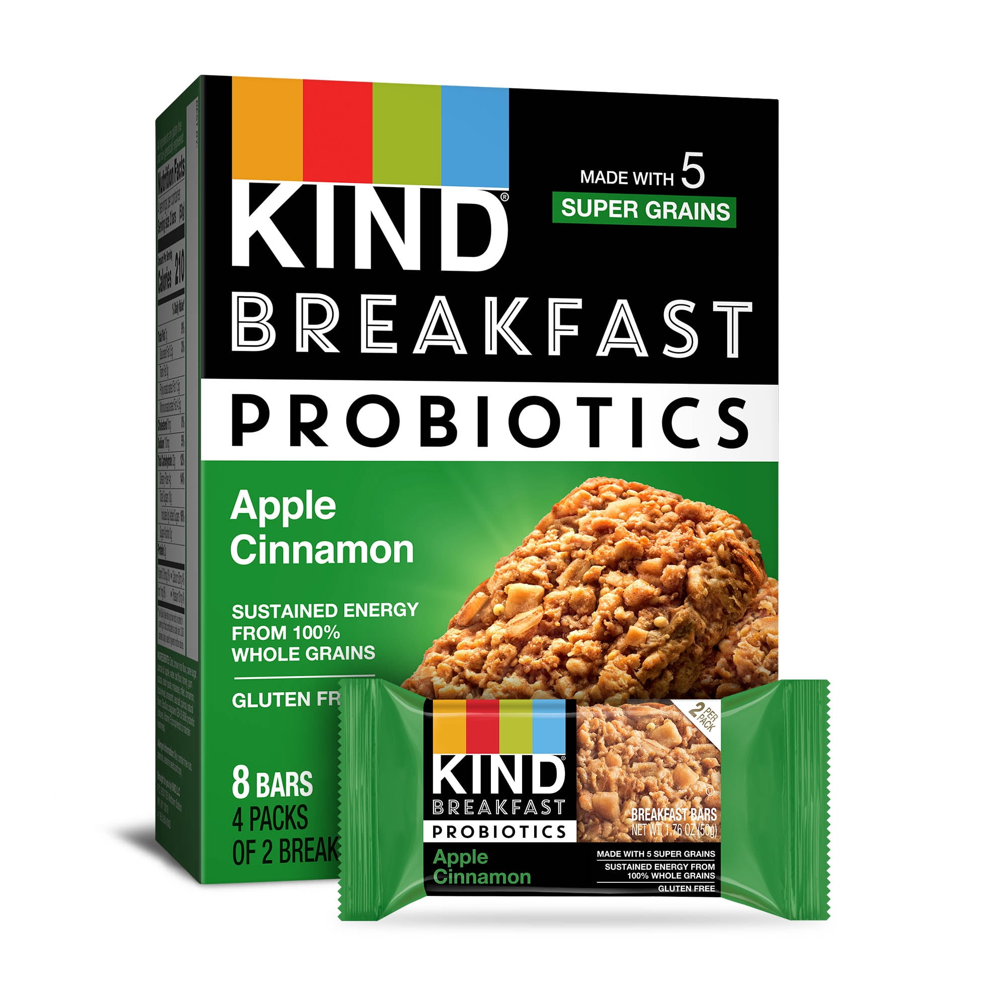 KIND Bars, Apple Cinnamon Probiotic Breakfast Bar, Gluten free, 1.76 oz, 4 Snack Bars