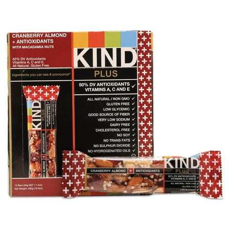 KIND Bars, Cranberry Almond + Antioxidants with Macadamia Nuts, Gluten Free, Low Sugar, 1.4oz, 12 Count