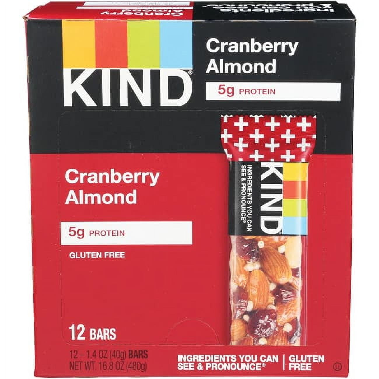 KIND Bars, Cranberry Almond + Antioxidants with Macadamia Nuts, Gluten Free, Low Sugar, 1.4oz, 12 Count