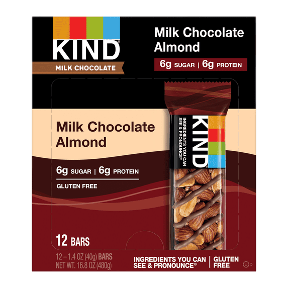 KIND Bars, Milk Chocolate Almond, Gluten free, 1.4 oz, 12 Snack Bars