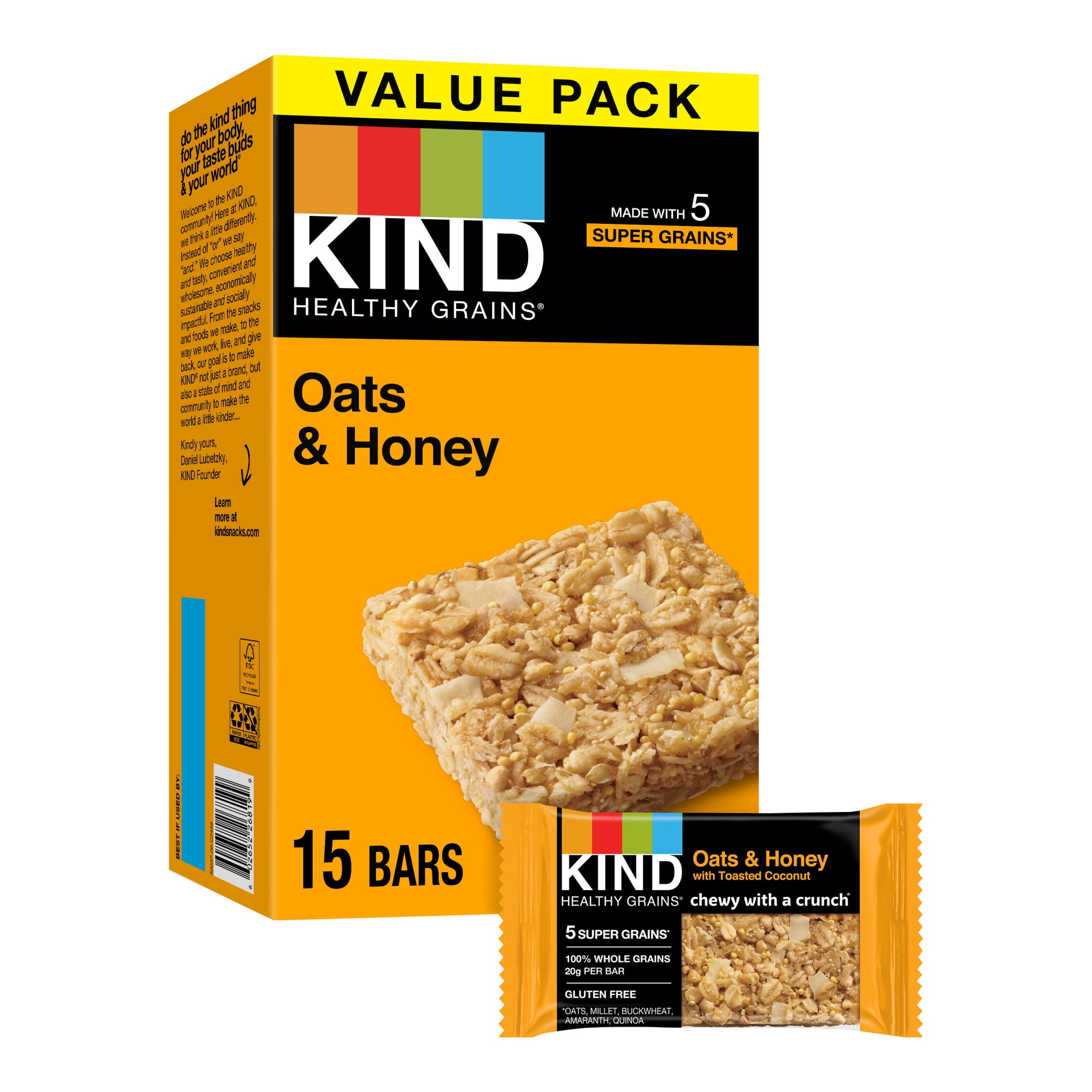 KIND Bars, Oats & Honey Healthy Grain, Gluten Free, 1.2 oz, 15 Snack Bars per box