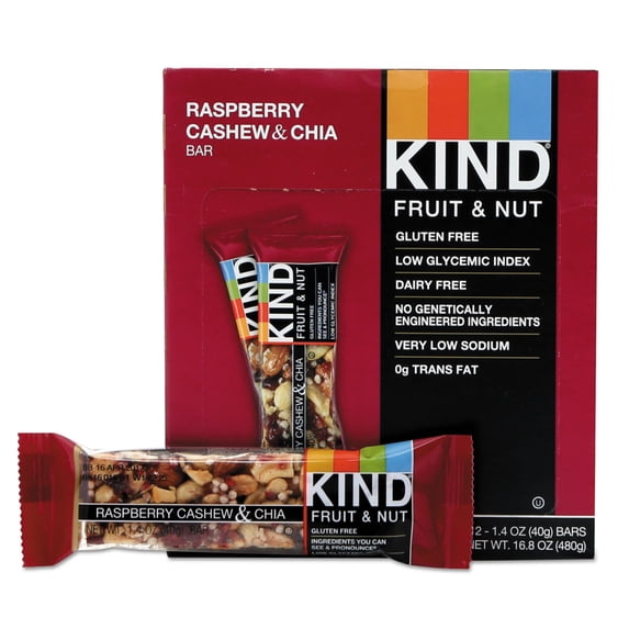 KIND Bars, Raspberry Cashew & Chia, Gluten Free, 1.4 oz, 12 Snack Bars