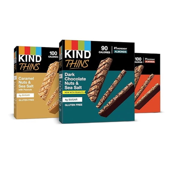 KIND Thins Snack Bar, Variety Pack, Dark Chocolate Nuts & Sea Salt, Caramel Nuts & Sea Salt and Peanut Butter Dark Chocolate, Low Calorie Snacks, Gluten Free, Low Sugar, 2-3g Protein, 30 Count