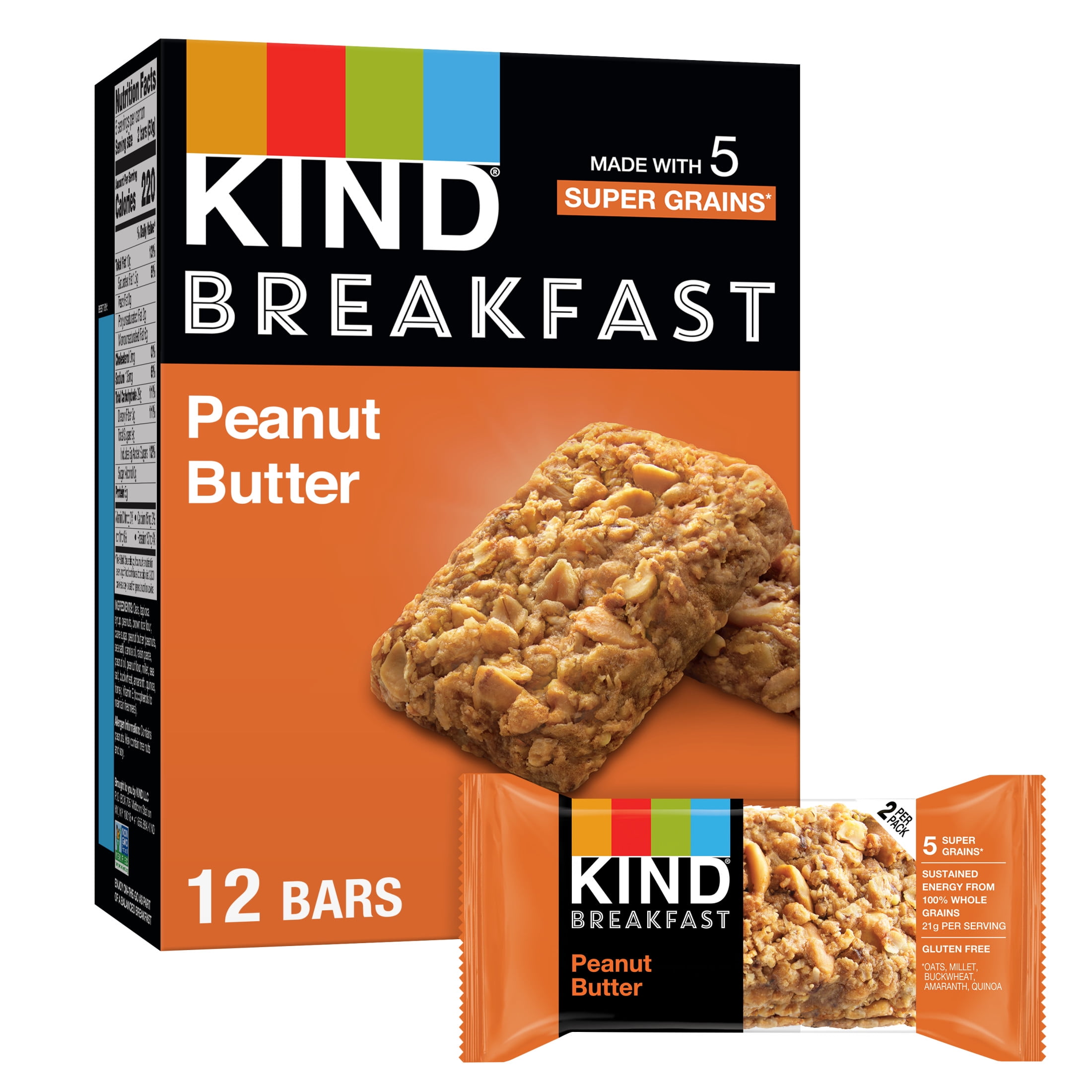 KIND Breakfast 100% Whole Grain Gluten Free Peanut Butter Snack Bars, 1.76 oz, 12 Count Box