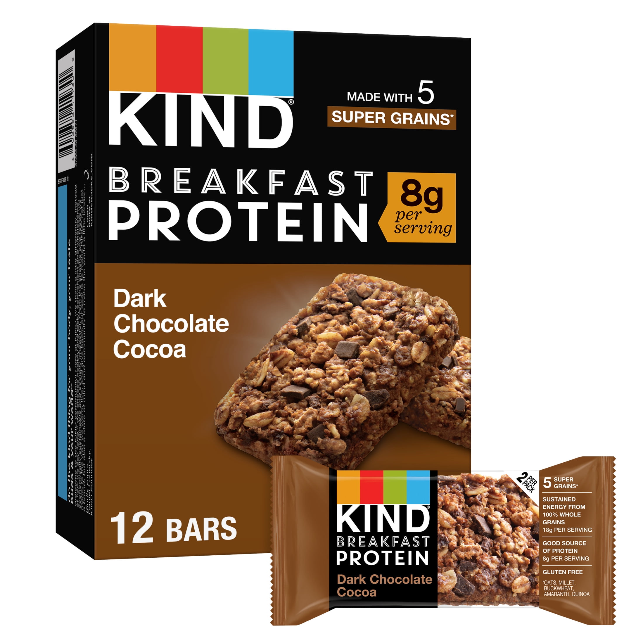 KIND Breakfast Gluten Free Dark Chocolate Cocoa Protein Snack Bars, 1.76 oz, 12 Count