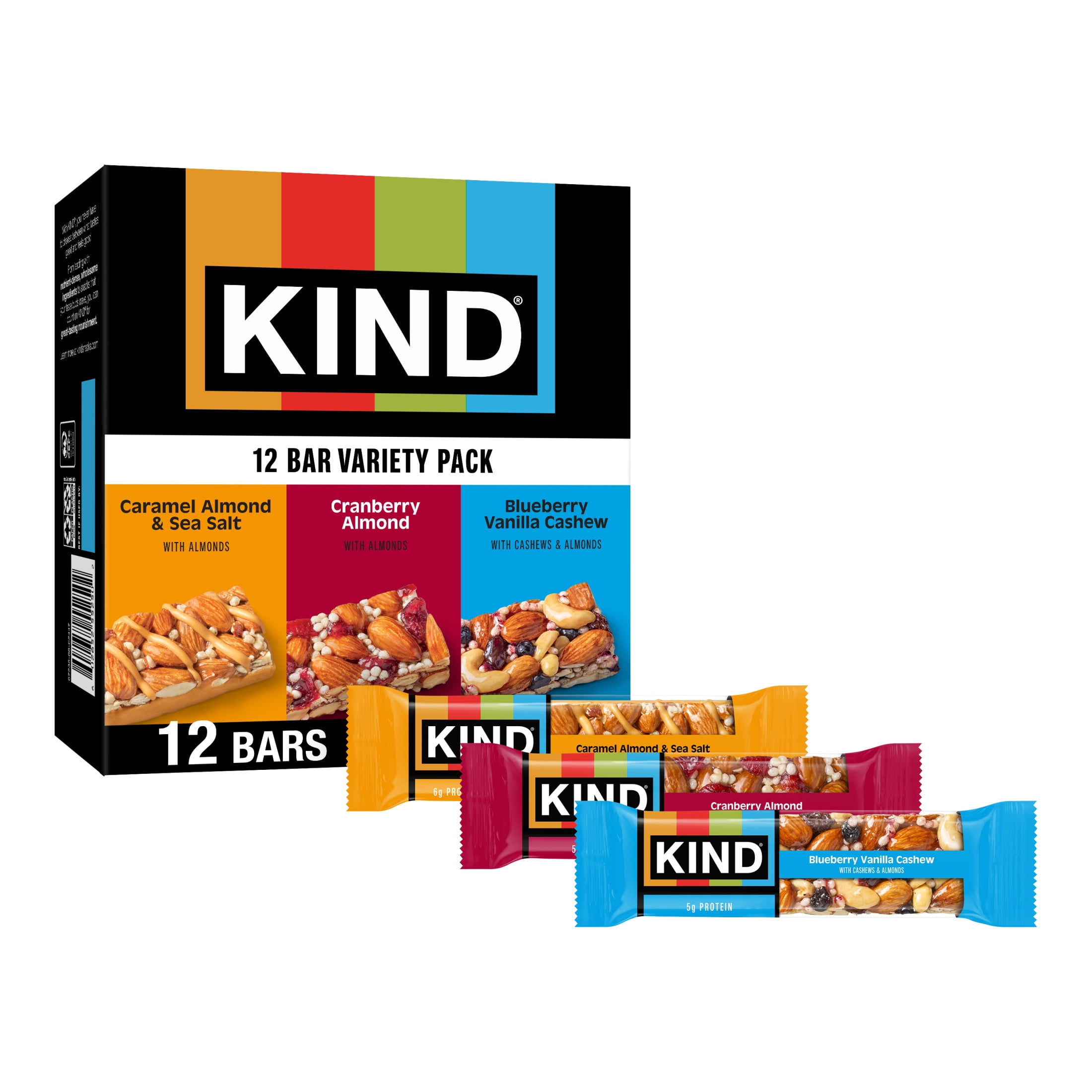 KIND Cranberry Almond, Caramel Almond & Sea Salt, Blueberry Vanilla Cashew Nut Bars, 12 Count