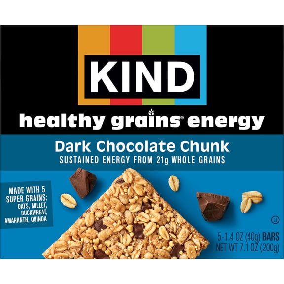 KIND Healthy Grains Energy Bars, Dark Chocolate Chunk, 21g Whole Grains, Made with Super Grains, Gluten Free Snacks, 5 Ct, 7.1oz